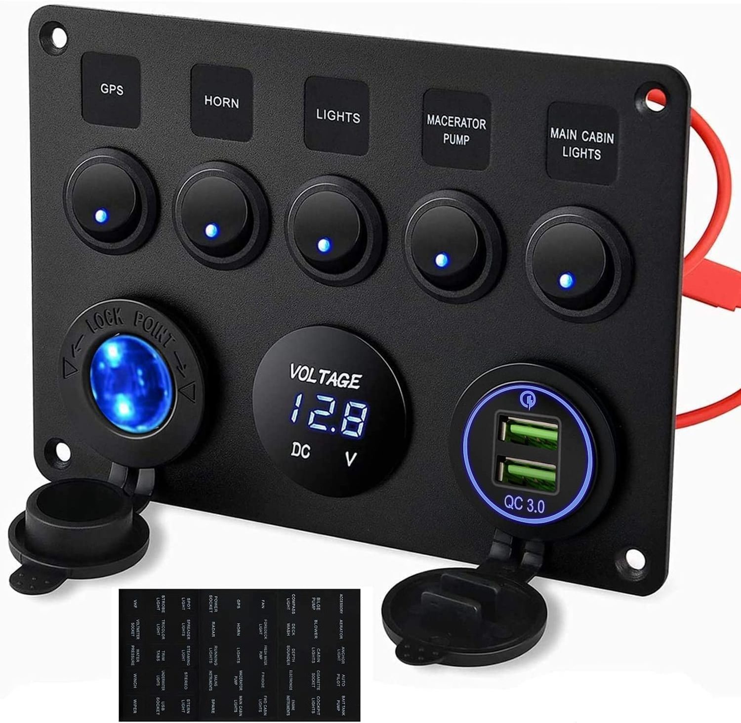 12V Waterproof RV Led Switch Panel for Car Truck Marine Boat, Digital Voltmeter Display QC3.0 Dual USB Charger Port DC