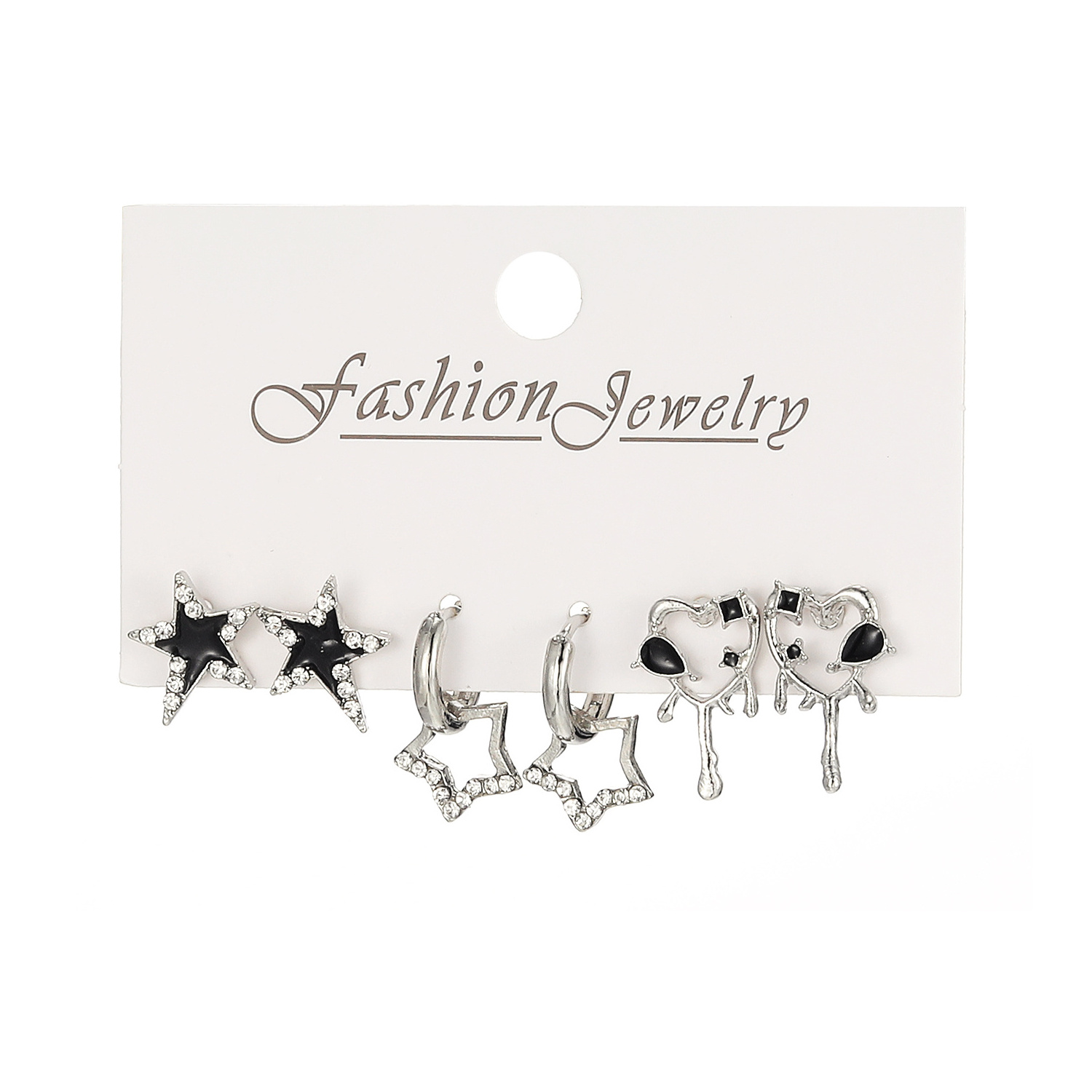 VKME Fashion 3Pcs/Set Punk Style Rhinestone Black Glue Five Pointed Star Earrings Set For Women Jewelry