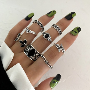 VKME Bohemian Silver Plated Leaf Rings Set Cute Animal Open Rings Pack Goth Hippie Vintage Matching Rings