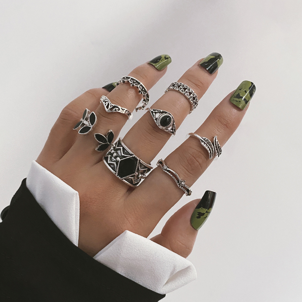 VKME Bohemian Silver Plated Leaf Rings Set Cute Animal Open Rings Pack Goth Hippie Vintage Matching Rings