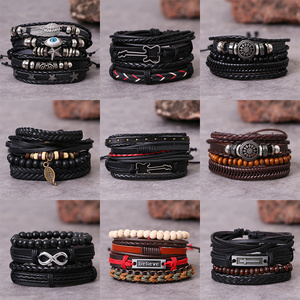 Wholesale Tribal Wood Beads Ethnic Adjustable Woven Cuff Wrap Braided Real Leather Bracelets for Men Women Bangles