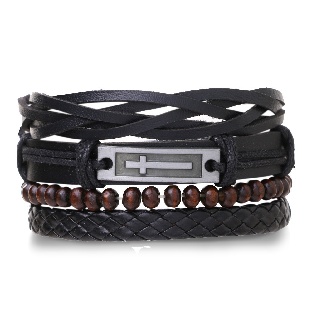 Wholesale Tribal Wood Beads Ethnic Adjustable Woven Cuff Wrap Braided Real Leather Bracelets for Men Women Bangles