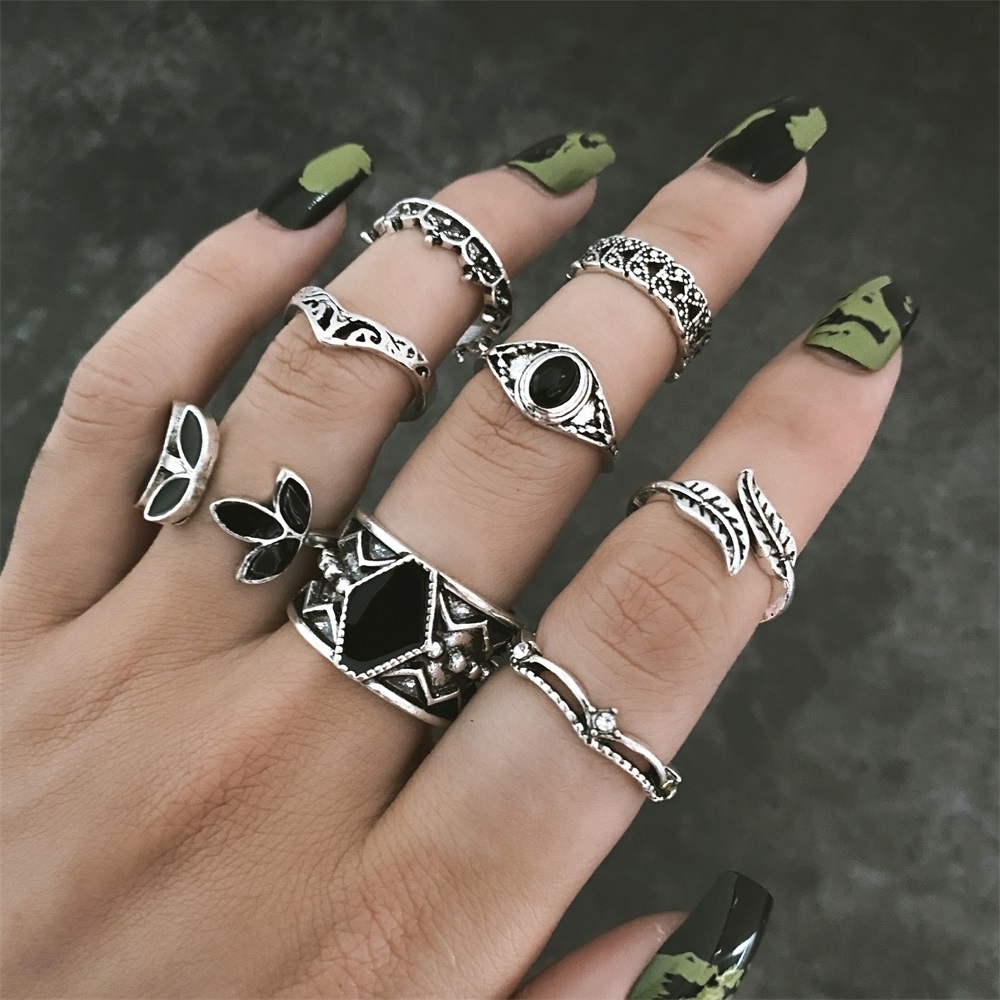 VKME Bohemian Silver Plated Leaf Rings Set Cute Animal Open Rings Pack Goth Hippie Vintage Matching Rings