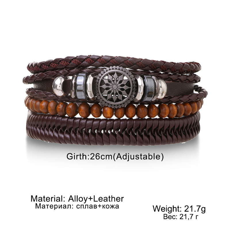 Wholesale Tribal Wood Beads Ethnic Adjustable Woven Cuff Wrap Braided Real Leather Bracelets for Men Women Bangles