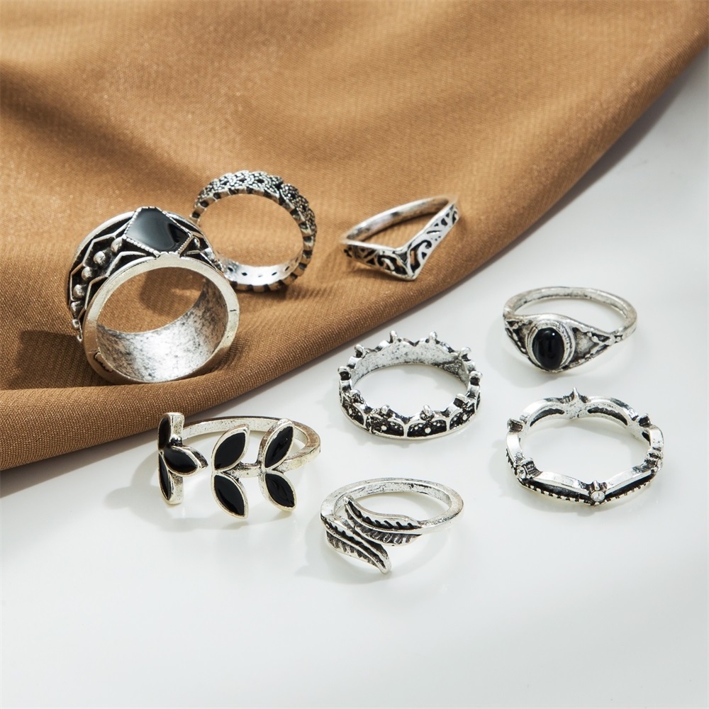 VKME Bohemian Silver Plated Leaf Rings Set Cute Animal Open Rings Pack Goth Hippie Vintage Matching Rings