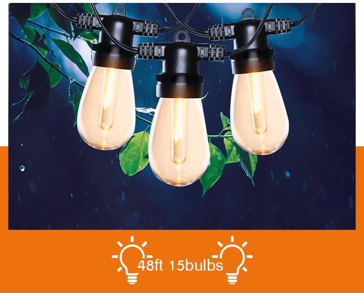 Outdoor waterproof solar string lights S14 15 stocks Dimmable LED Bulbs, Auto on/Off function for Outdoor patio,garden, Backyard