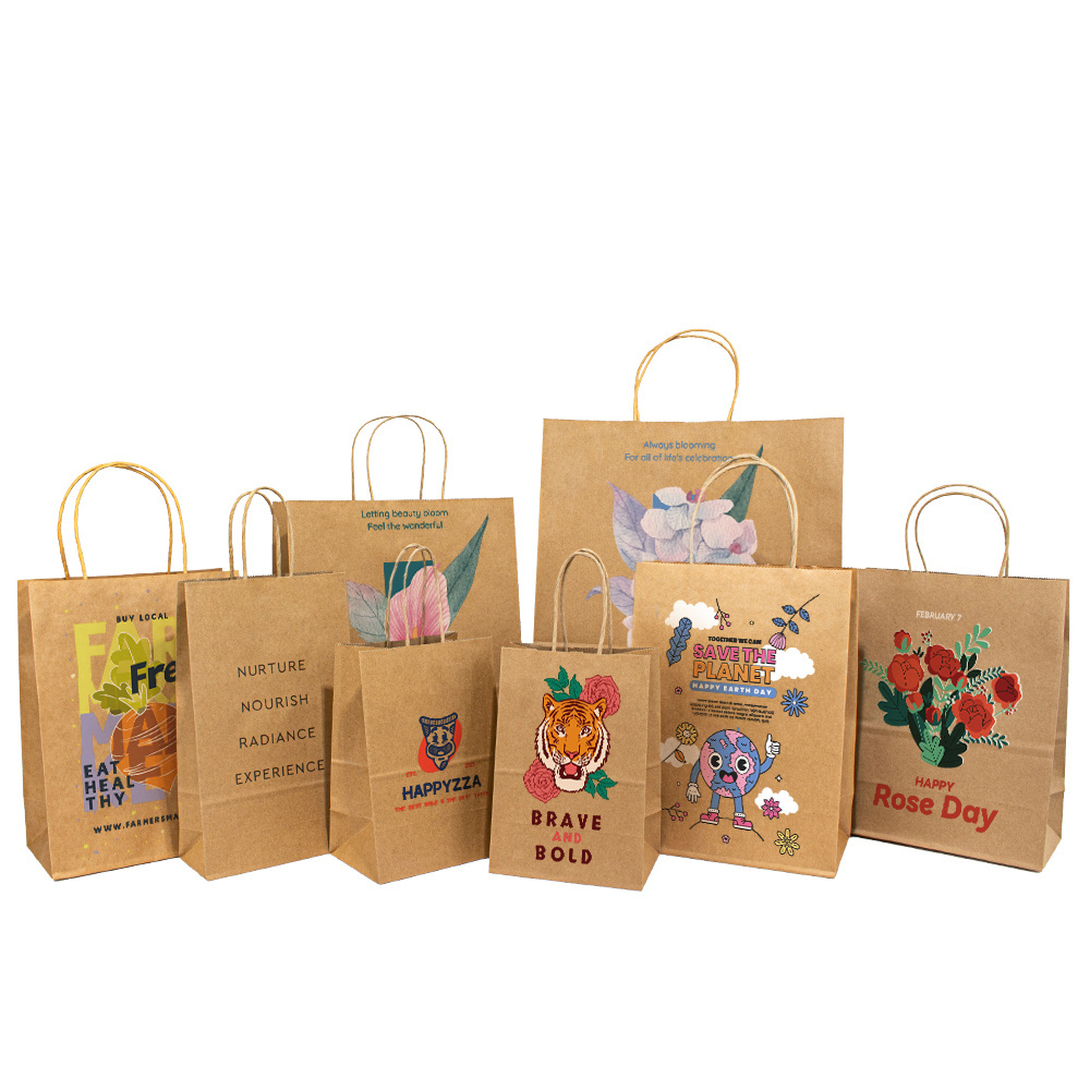 Wholesale full Customized Logo Printed Shopping Paper Bag with Handle Brown and White Kraft Paper Bags with Your Own Logo