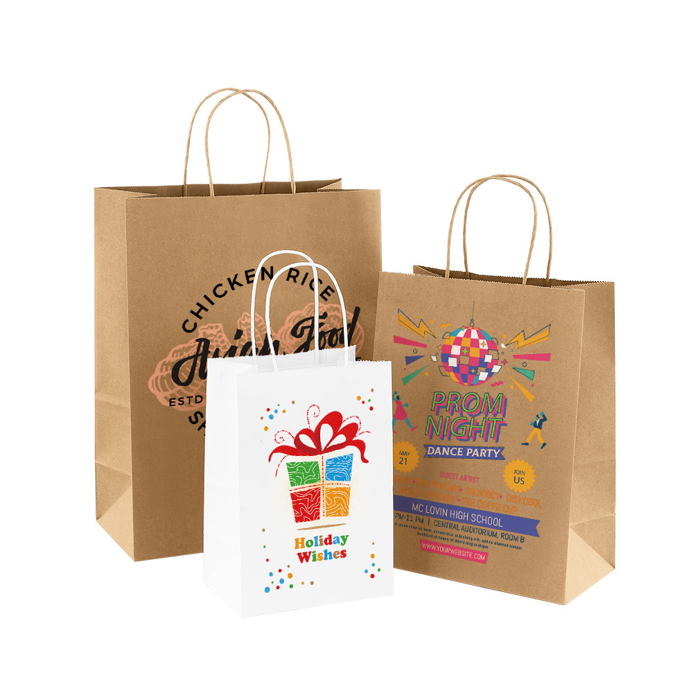 Wholesale full Customized Logo Printed Shopping Paper Bag with Handle Brown and White Kraft Paper Bags with Your Own Logo