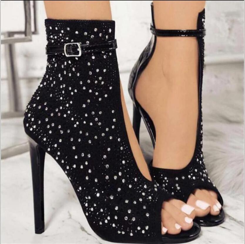 NEW 2021 Crystal Sandals Boots High Heels Brand Design Sexy Gladiator Thin Heels Women Rhinestone Buckle Strap Party Women Pumps