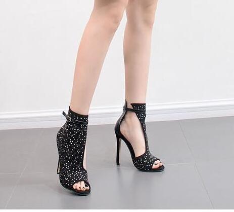 NEW 2021 Crystal Sandals Boots High Heels Brand Design Sexy Gladiator Thin Heels Women Rhinestone Buckle Strap Party Women Pumps