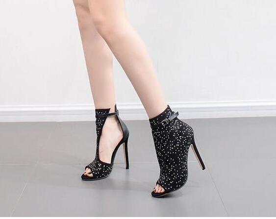 NEW 2021 Crystal Sandals Boots High Heels Brand Design Sexy Gladiator Thin Heels Women Rhinestone Buckle Strap Party Women Pumps