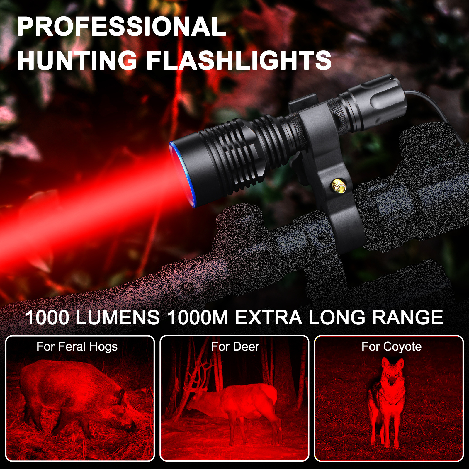 UC20Pro Red Hunting Light Kit, 1000m Spotlight 1000 High Lumen Tactical Flashlight, Predator Light for Hog, Coyote, Varmint