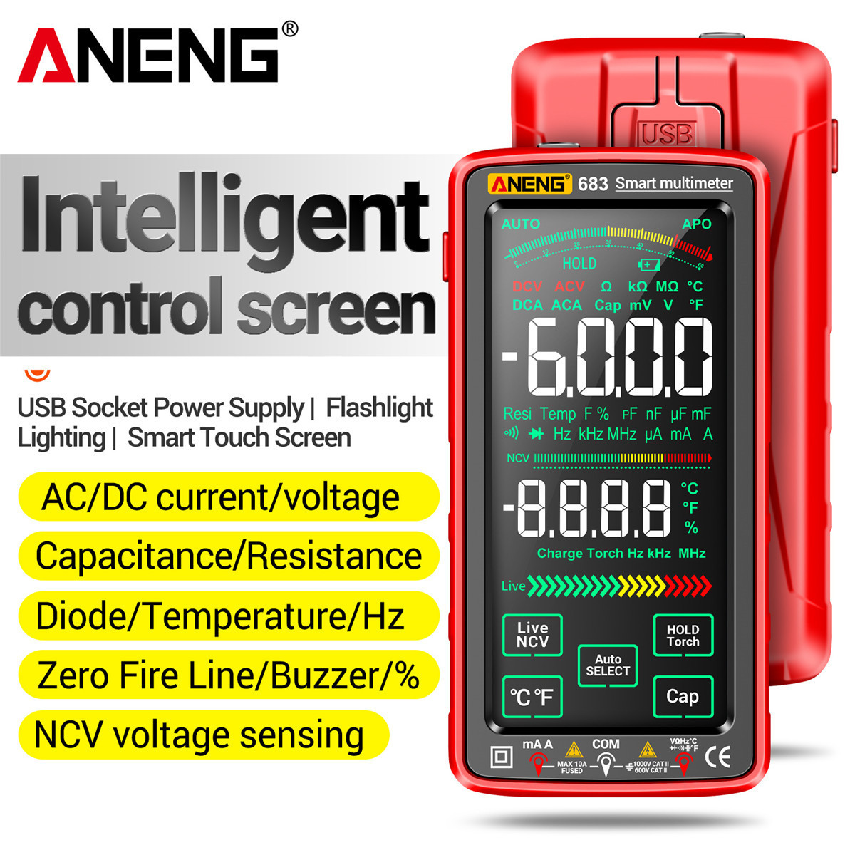 ANENG 683 High-end Touch Smart Multimeter 6000 Counts Multimetro Test Rechargeable Multitester AC/DC Voltage Tester Current Tool