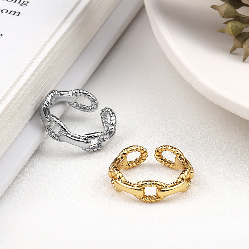 ANENJERY New Adjustable Opening Rings Jewelry for Women Silver Color Hollow Lock Chain Rings