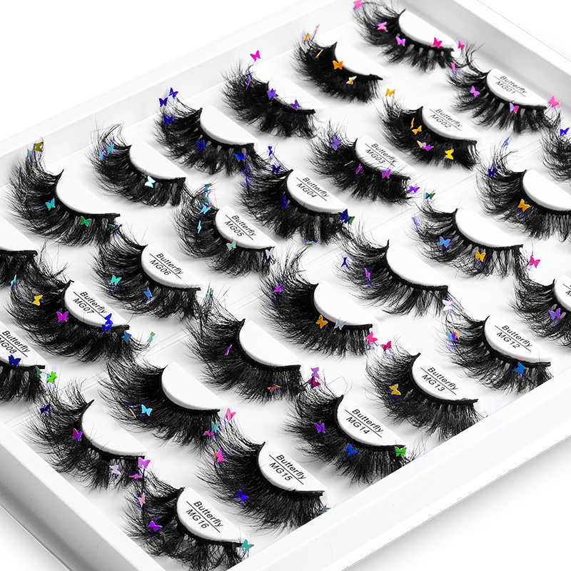 Wholesale 16mm-25mm 8D Fluffy Eyelashes 3D Glitter Sequin Butterfly Diamond Lashes Long Thick Natural False Eyelashes With Decal