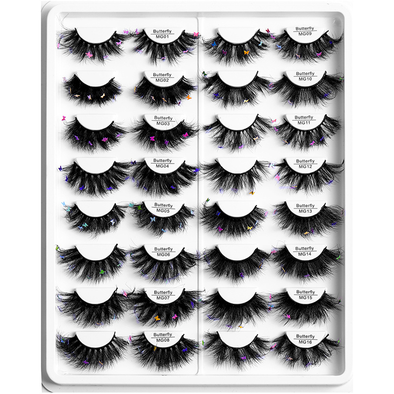 Wholesale 16mm-25mm 8D Fluffy Eyelashes 3D Glitter Sequin Butterfly Diamond Lashes Long Thick Natural False Eyelashes With Decal