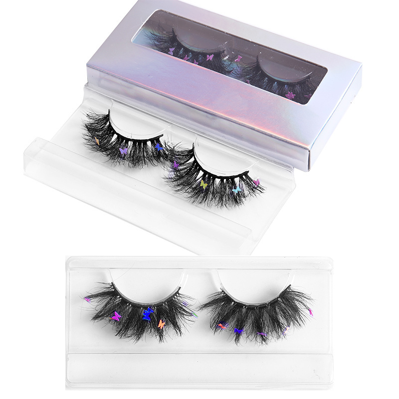 Wholesale 16mm-25mm 8D Fluffy Eyelashes 3D Glitter Sequin Butterfly Diamond Lashes Long Thick Natural False Eyelashes With Decal