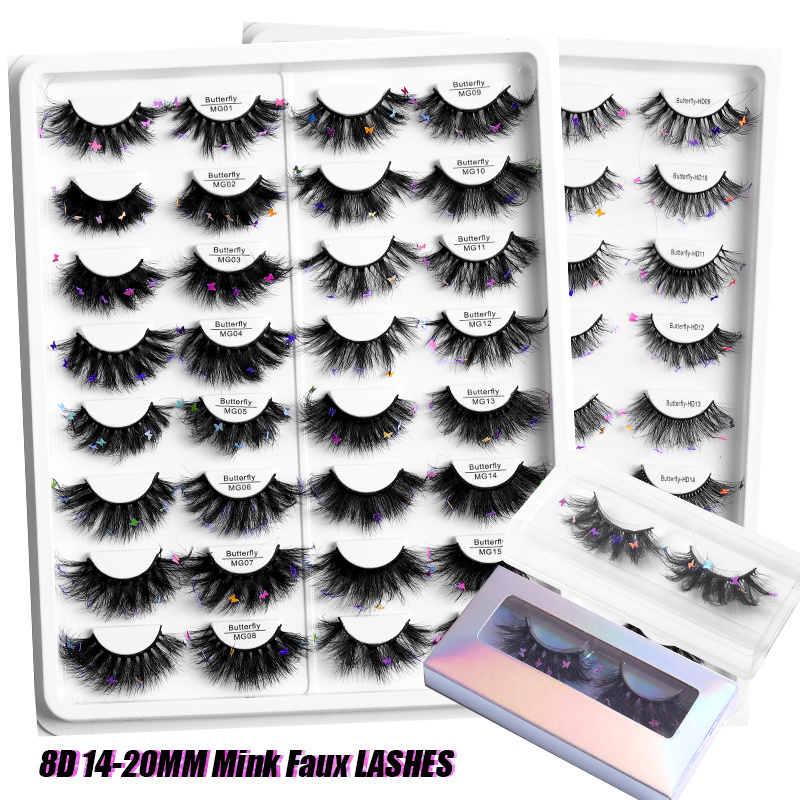 Wholesale 16mm-25mm 8D Fluffy Eyelashes 3D Glitter Sequin Butterfly Diamond Lashes Long Thick Natural False Eyelashes With Decal