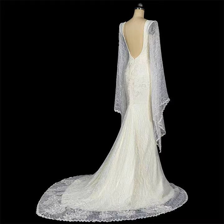 2024 New European Long sleeved Elegant Lace Mesh Fish Tail Large Drag Slim Travel Photography Wedding Dress