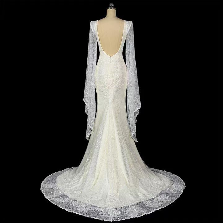 2024 New European Long sleeved Elegant Lace Mesh Fish Tail Large Drag Slim Travel Photography Wedding Dress