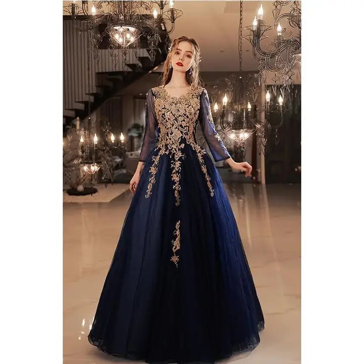 Temperament blue bride wedding toast dress new autumn and winter long-sleeved banquet annual performance dress