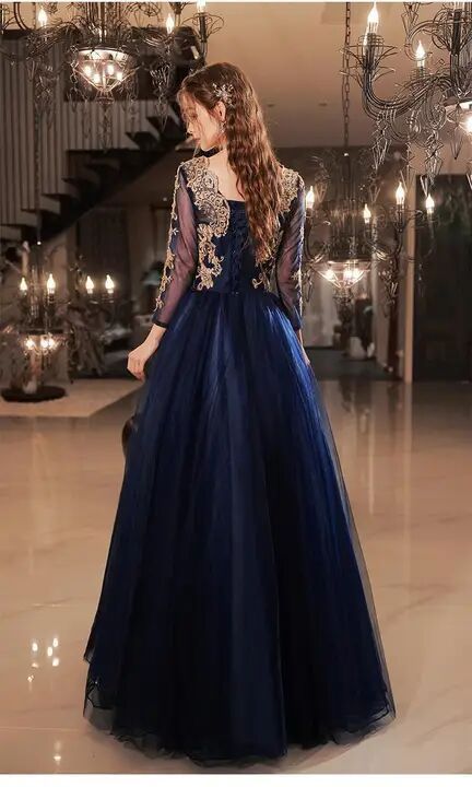 Temperament blue bride wedding toast dress new autumn and winter long-sleeved banquet annual performance dress