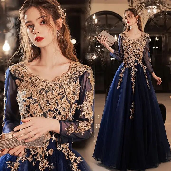 Temperament blue bride wedding toast dress new autumn and winter long-sleeved banquet annual performance dress