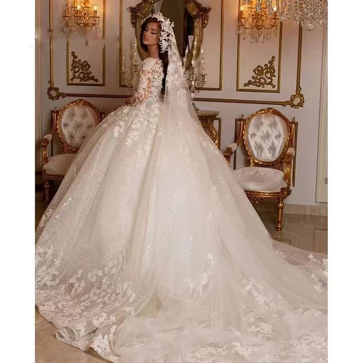 2024 Lace Wedding Dresses Princess Ball Gown Beading Bridal Gowns Shinny Tulle Long Sleeves Ivory Dubai Marriage Dress