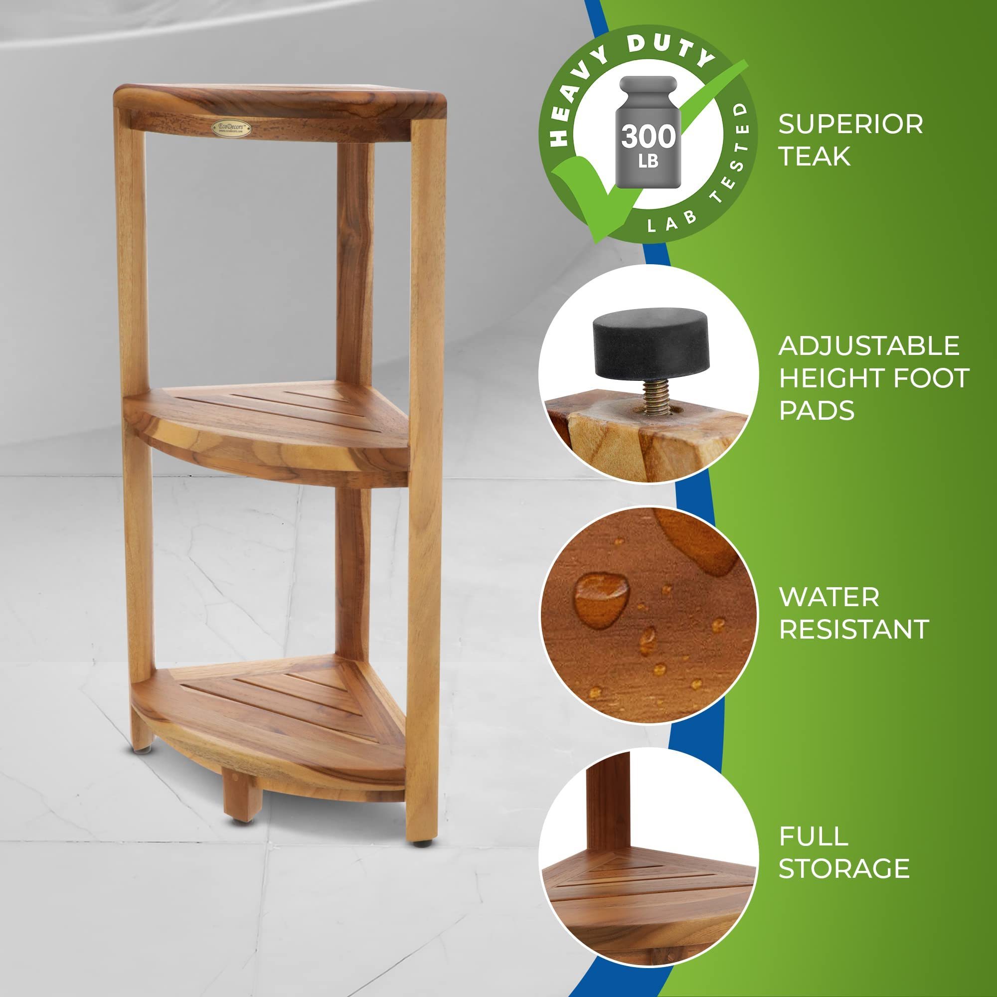 3-Tier Teak Wood Corner Shower Shelf Stand Bathroom Shower Caddy and Stool for Small Spaces