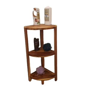 3-Tier Teak Wood Corner Shower Shelf Stand Bathroom Shower Caddy and Stool for Small Spaces