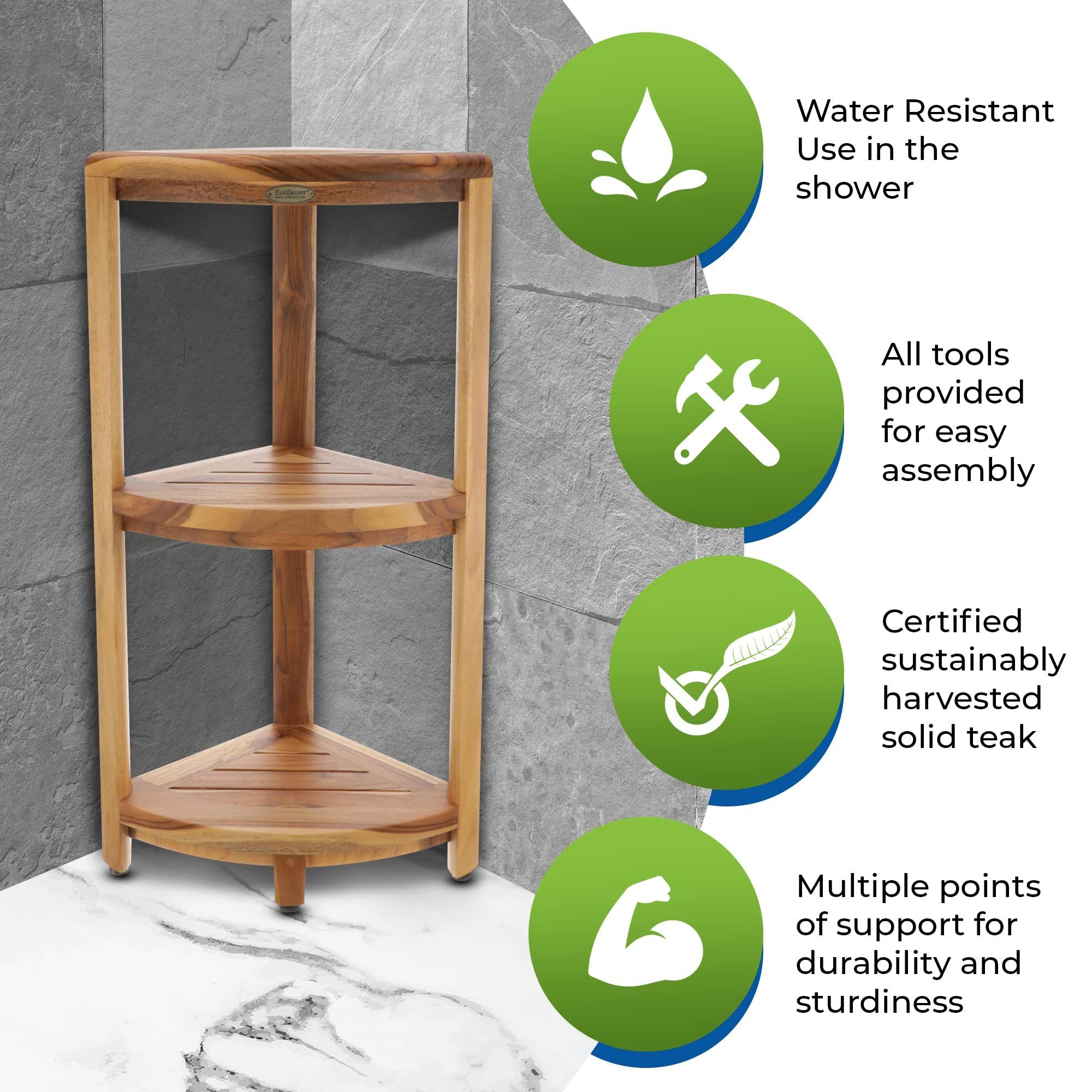 3-Tier Teak Wood Corner Shower Shelf Stand Bathroom Shower Caddy and Stool for Small Spaces