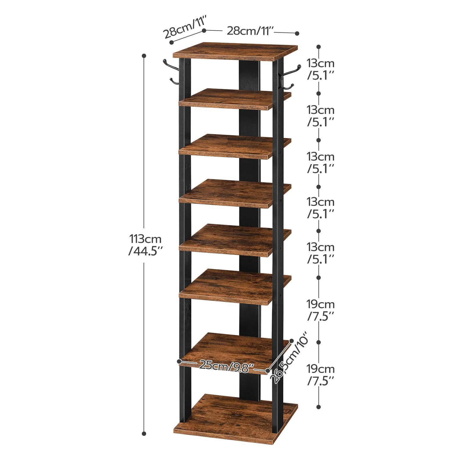 8-Tier Wooden Vertical Shoe Rack Space-Saving Entryway Living Room Bedroom Storage Organizer 8 Pairs Hooks Narrow Shoe Tower