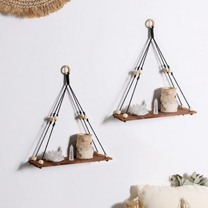 2 Pack Boho Handmade Rustic Wooden Wall Hanging Shelves Macrame Plant Shelf Hanging Planter Rack Pot Stand Holder Storage