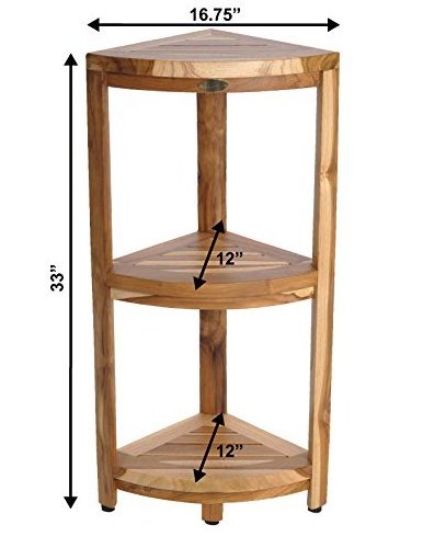 3-Tier Teak Wood Corner Shower Shelf Stand Bathroom Shower Caddy and Stool for Small Spaces