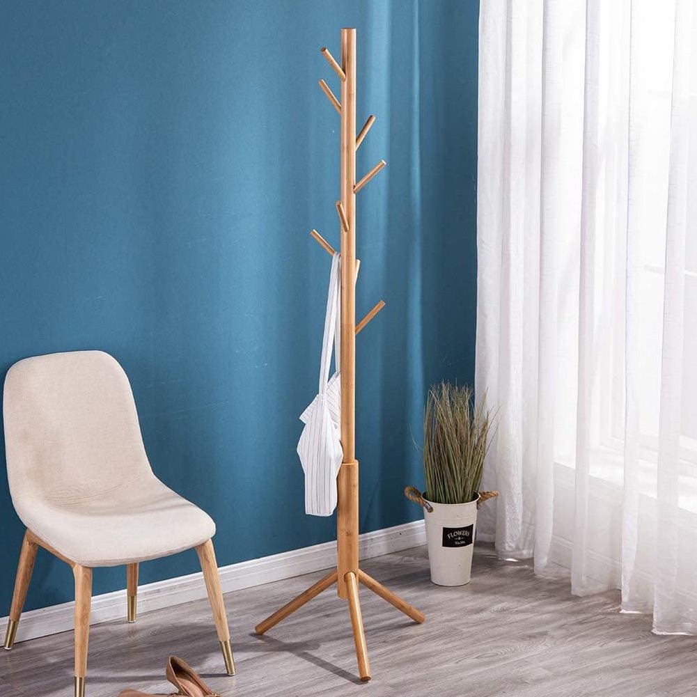 Freestanding Bamboo Wooden Coat Rack 8 Hooks 3 Adjustable Trees Easy Assembly Hallway Corner Parlor Office Home Stand Stand