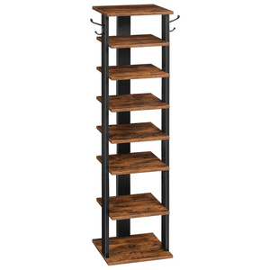 8-Tier Wooden Vertical Shoe Rack Space-Saving Entryway Living Room Bedroom Storage Organizer 8 Pairs Hooks Narrow Shoe Tower