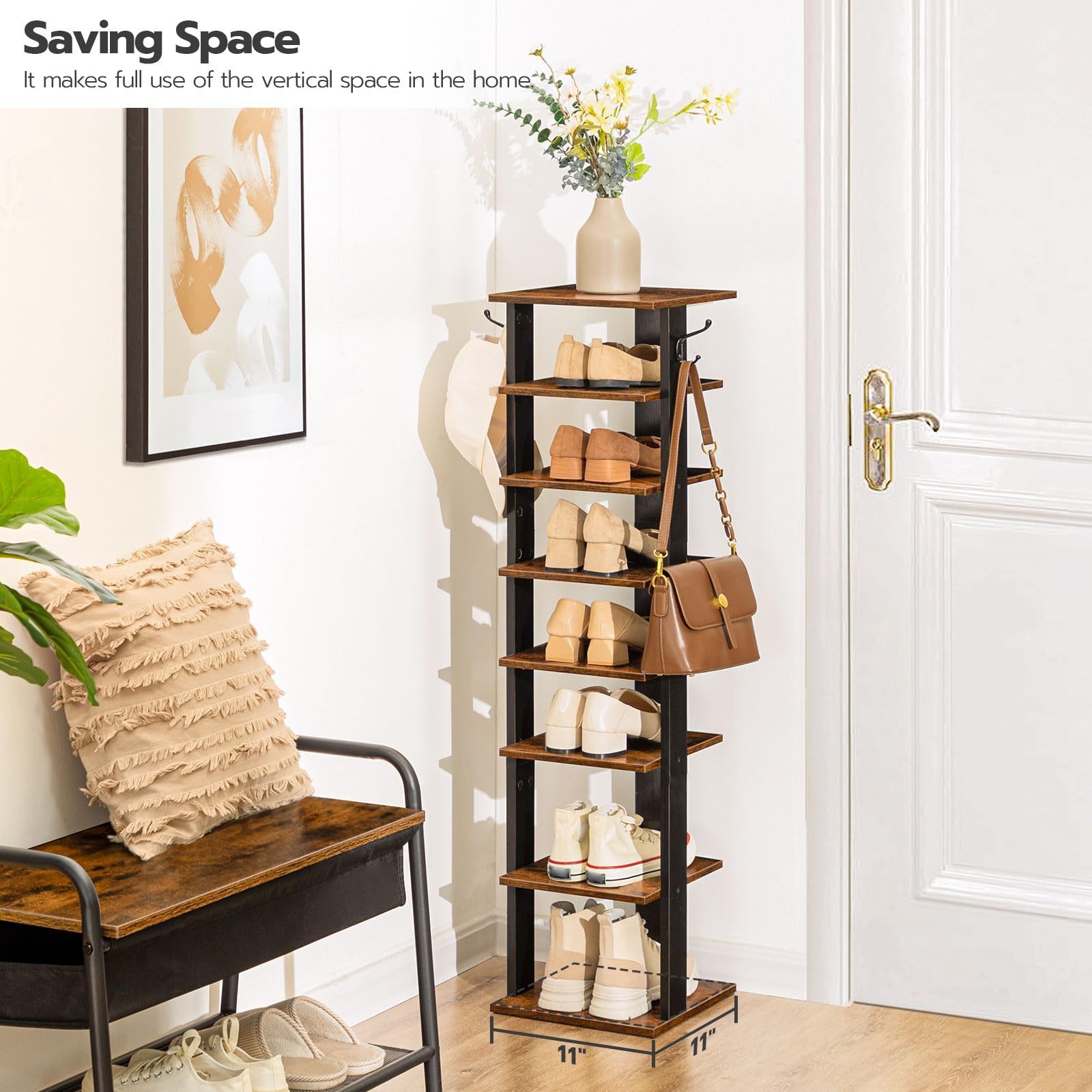 8-Tier Wooden Vertical Shoe Rack Space-Saving Entryway Living Room Bedroom Storage Organizer 8 Pairs Hooks Narrow Shoe Tower