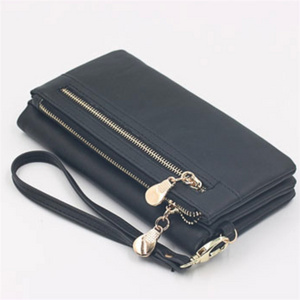 Fashion wholesale women wristlet double zip PU leather long card holder lady purse women' leather wallet