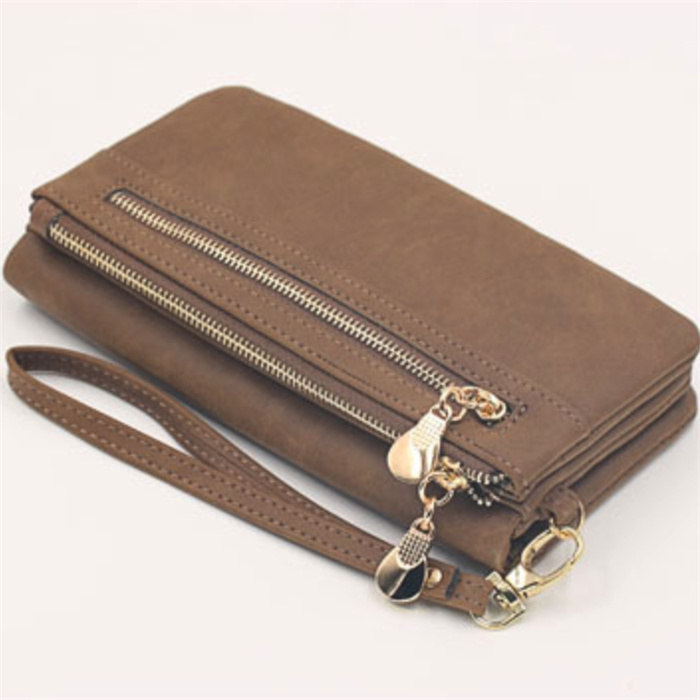 Fashion wholesale women wristlet double zip PU leather long card holder lady purse women' leather wallet