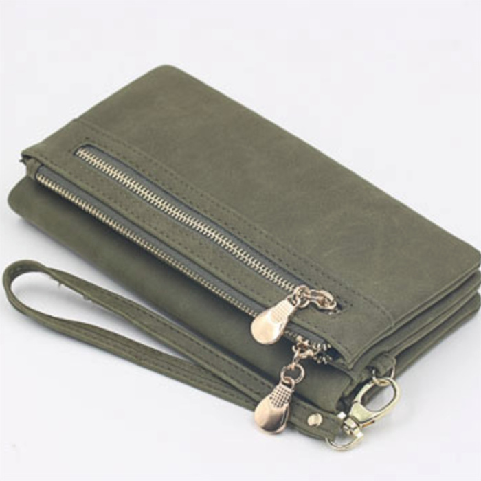 Fashion wholesale women wristlet double zip PU leather long card holder lady purse women' leather wallet