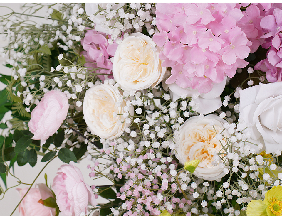 Pink White Rose Babysbreath Green Plants Leaves Flower Row Wedding Backdrop Horn Arch Decor Floral Arrangement Event Prop