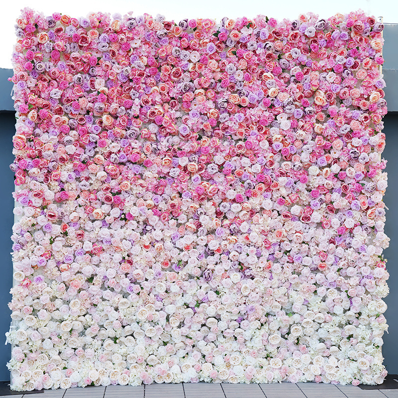 5D Gradient Lavender Purple Peony Rose Cloth Rolling Up Flower Wall Wedding Backdrop Decor Green Milan Turf Plant Wall