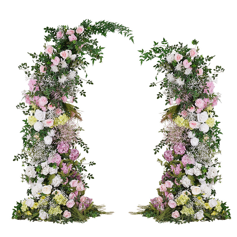 Pink White Rose Babysbreath Green Plants Leaves Flower Row Wedding Backdrop Horn Arch Decor Floral Arrangement Event Prop