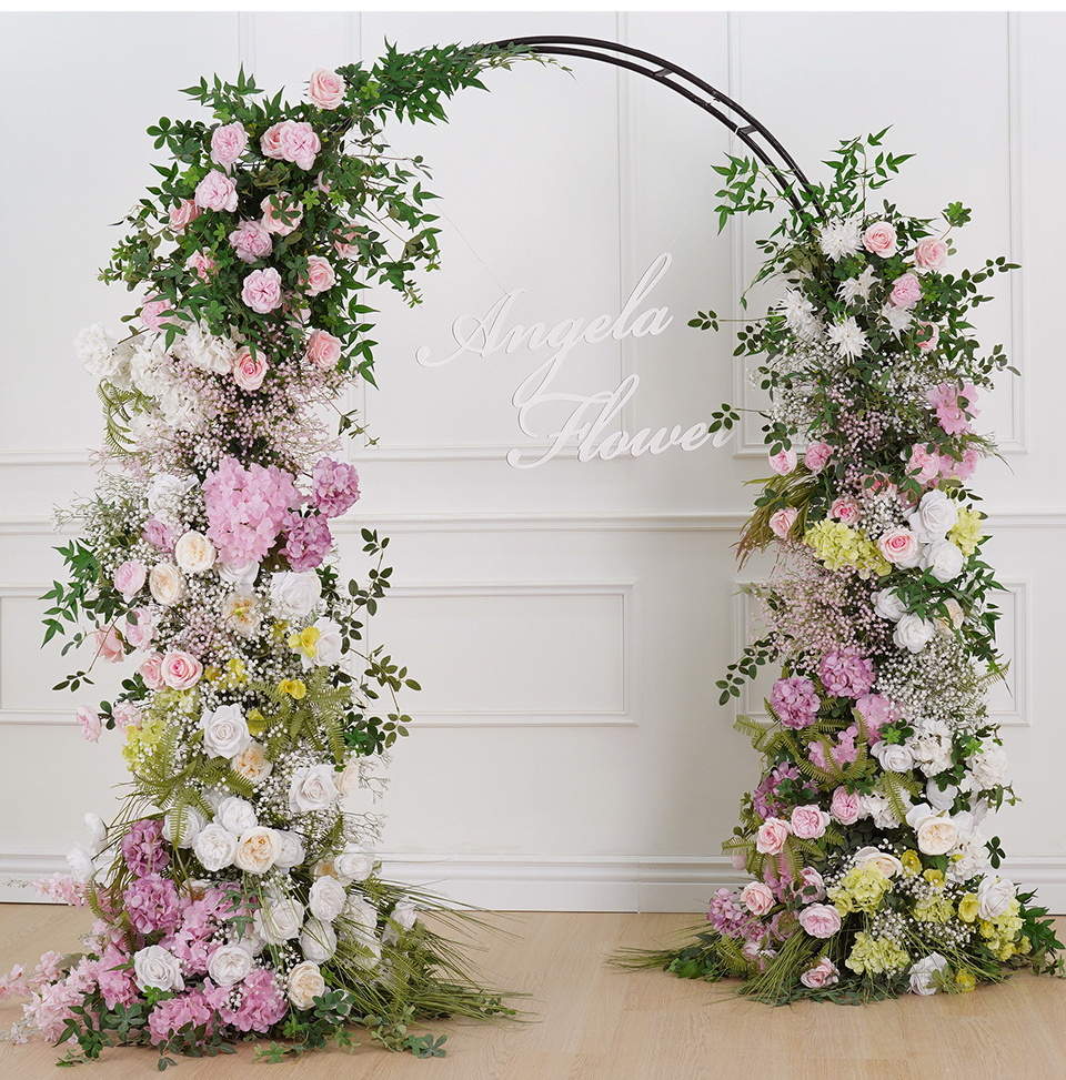 Pink White Rose Babysbreath Green Plants Leaves Flower Row Wedding Backdrop Horn Arch Decor Floral Arrangement Event Prop