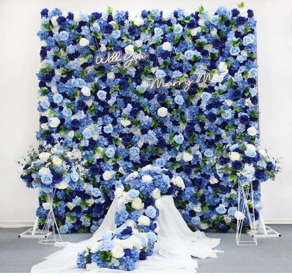 Royal Blue 3D Artificial Peony Hydrangea Cloth Flower Wall Rolling Up White Rose Fabric Floral Wall Party Wedding Backdrop Decor