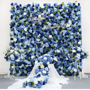 Royal Blue 3D Artificial Peony Hydrangea Cloth Flower Wall Rolling Up White Rose Fabric Floral Wall Party Wedding Backdrop Decor