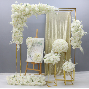 Luxury White Rose Artificial Flower Row Arrangement Wedding Scene Decor Backdrop Wall Hanging Curtain Floral Table Flower Ball