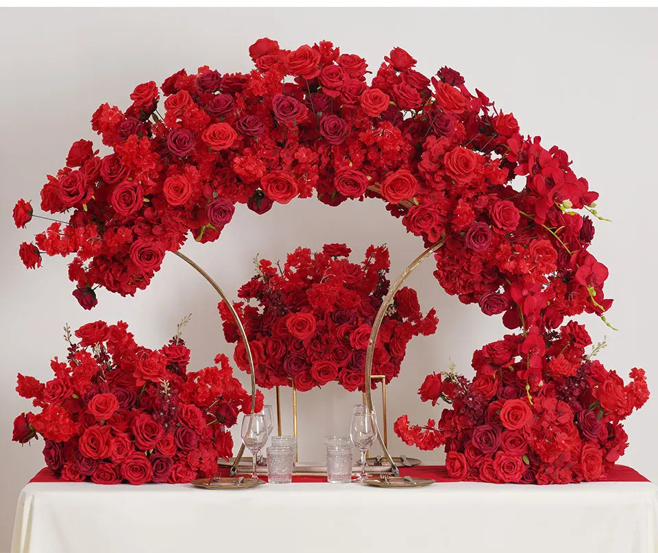 Red Wedding Centerpieces For Tables Arrangement Floral Hydrangea Orchid Flower Ball Row Event Banquet Gold Stand Props A8770