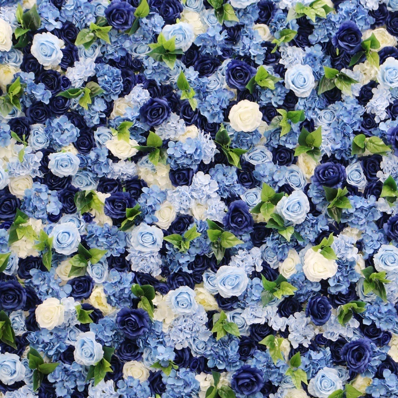 Royal Blue 3D Artificial Peony Hydrangea Cloth Flower Wall Rolling Up White Rose Fabric Floral Wall Party Wedding Backdrop Decor