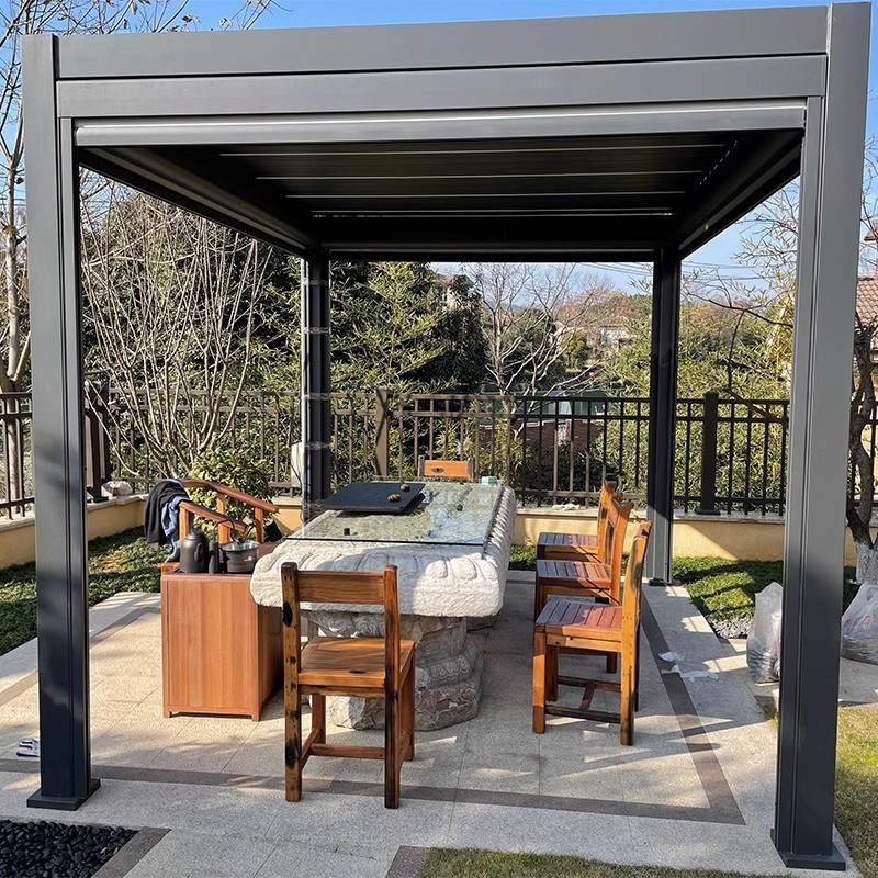 Motorized Waterproof Outdoor Aluminium Alloy Pergola Morden Gazebo With Adjustable Louvers Gazebos Pergolas and Gazebos